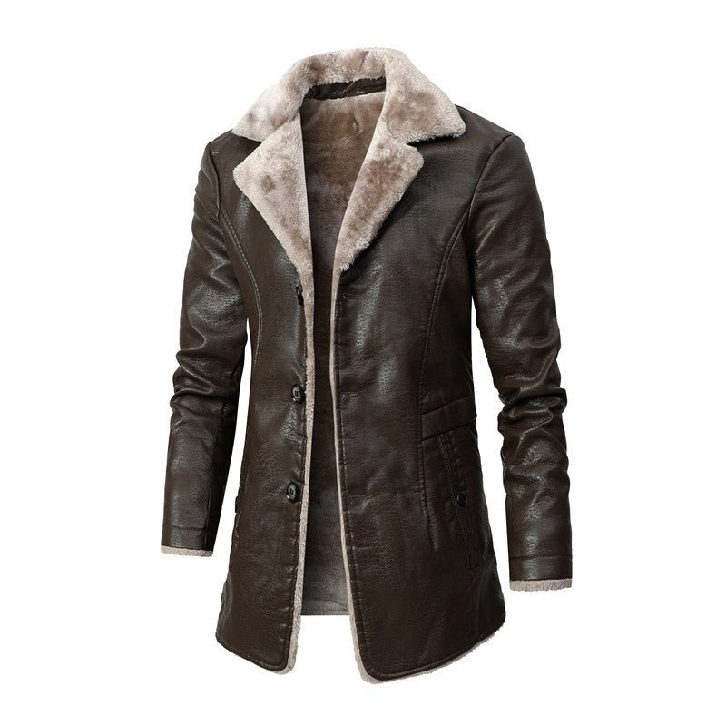 Men's stylish faux leather jacket with plush fleece lining, elegant and cozy design.