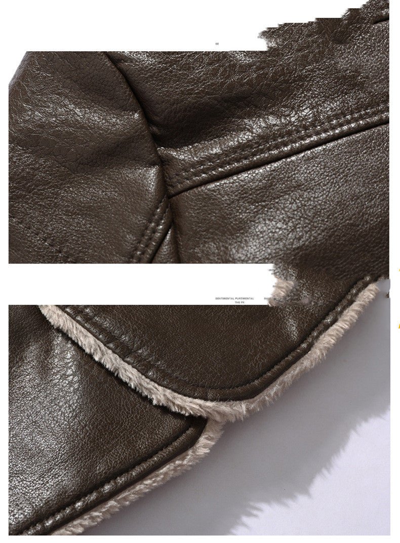 Men's stylish faux leather jacket with plush fleece lining, close-up details.