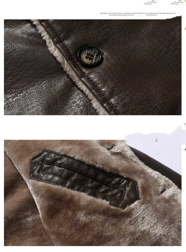 Men's stylish faux leather jacket with plush fleece lining, close-up detail.