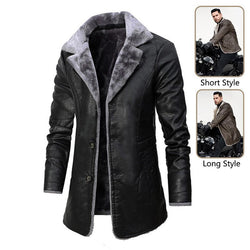 Men's stylish faux leather jacket with plush fleece lining, elegant winter wear.