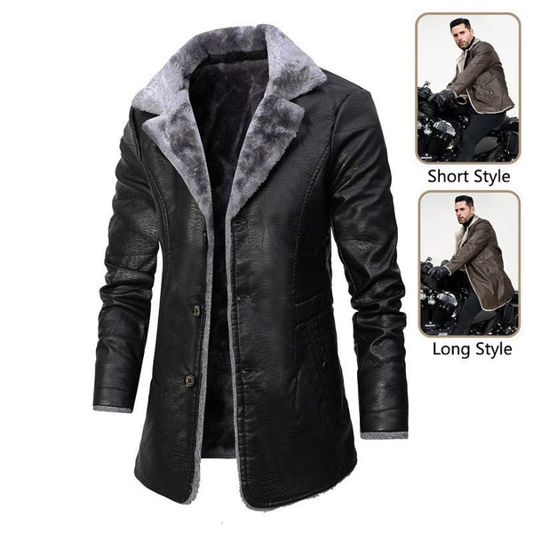 Men's stylish faux leather jacket with plush fleece lining, elegant winter wear.