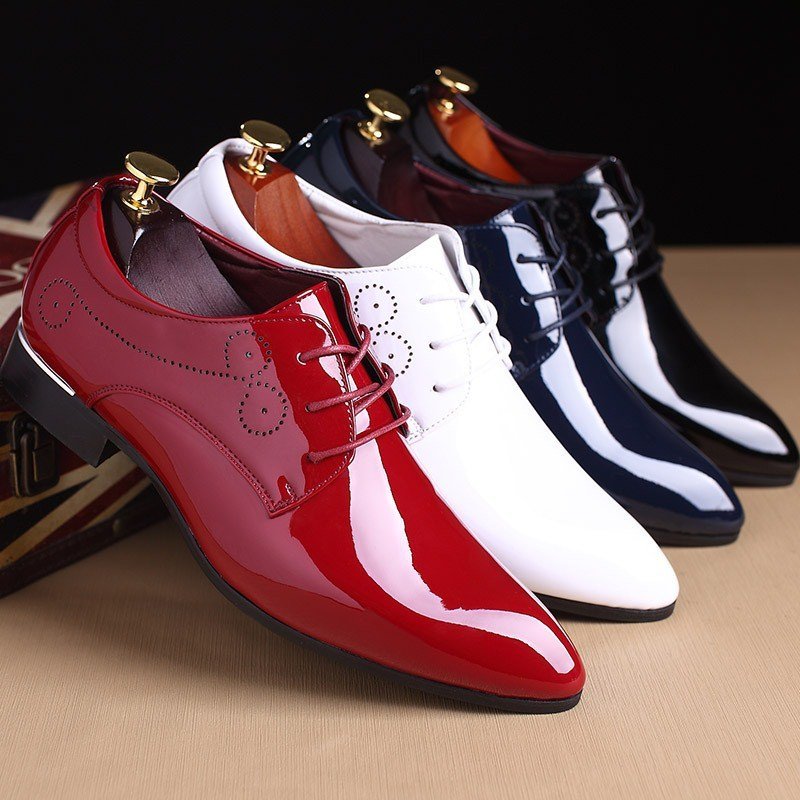 Men's stylish leather formal wear shoes in red, white, and navy blue, ideal for business and formal events.