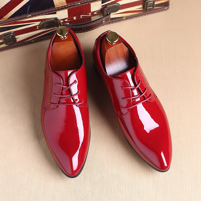 Men's stylish red leather formal wear shoes, perfect for business and formal occasions, featuring a glossy finish.