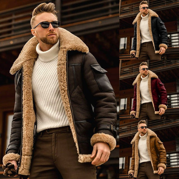 Men's military-inspired winter jacket with stylish fur collar and cozy fleece material, versatile design.