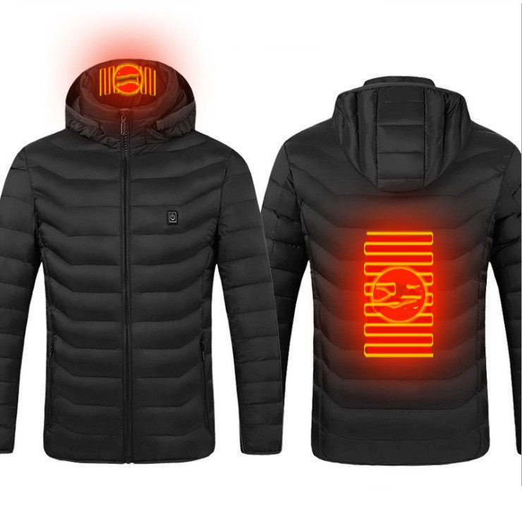 Self-heating jacket with customizable temperature for ultimate winter comfort.