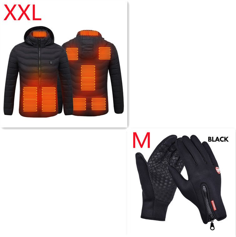 Self-heating black jacket displaying heating zones and a pair of black gloves, ideal for ultimate winter comfort.