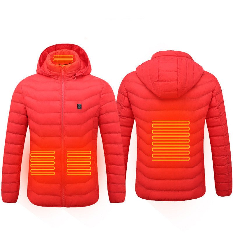 Revolutionary red self-heating jacket for ultimate winter comfort with customizable warmth.