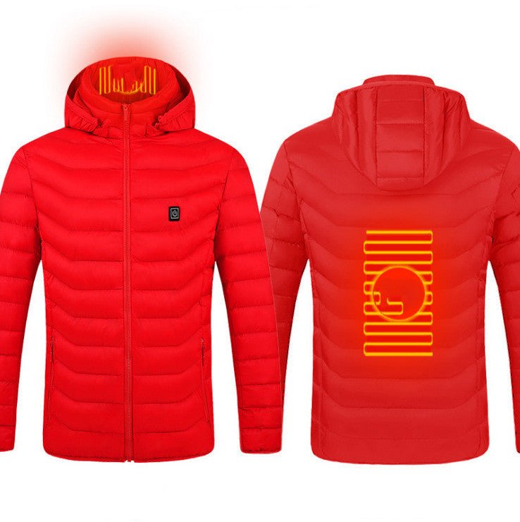 Self-heating jacket providing ultimate winter comfort with customizable warmth and luxurious design.