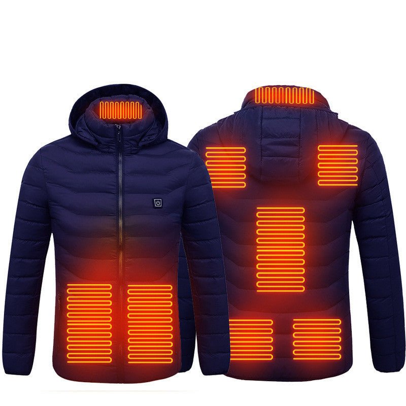 Self-heating jacket with glowing heat zones, designed for ultimate winter comfort and customizable warmth.