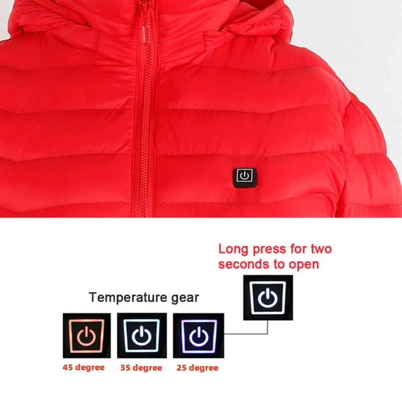 Self-heating jacket showing customizable temperature settings for ultimate winter comfort.