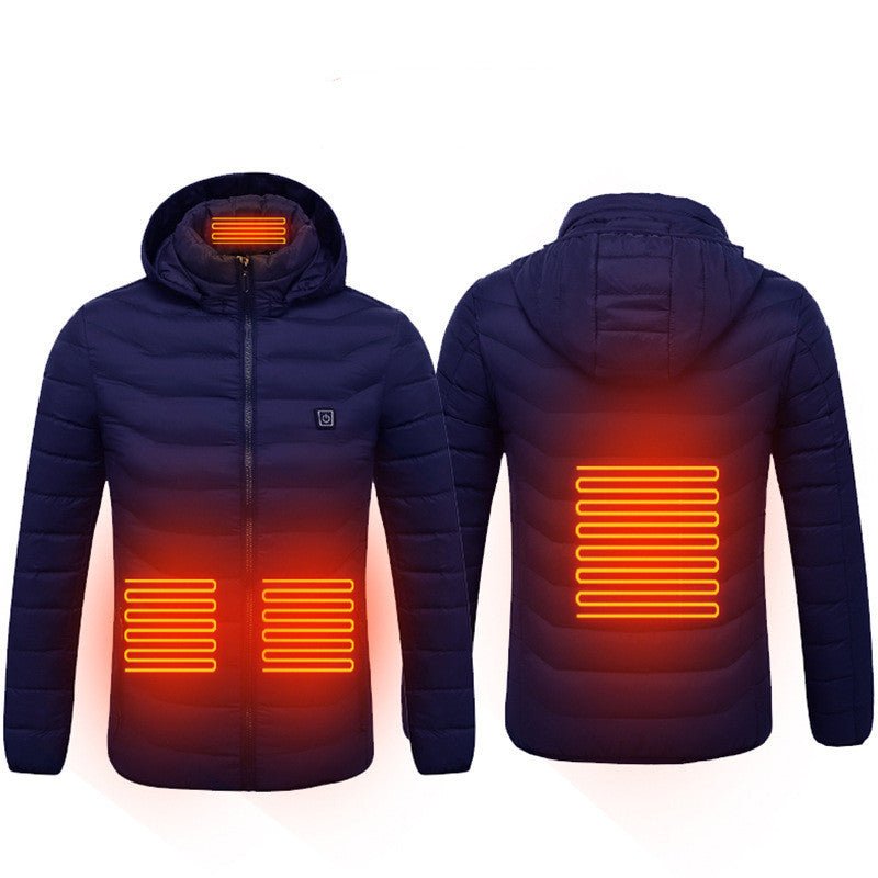 Self-heating jacket with customizable temperature for ultimate winter comfort.