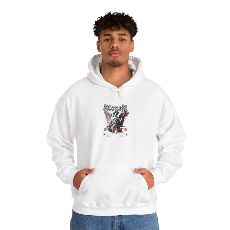 Men's white graphic hoodie with bold urban design, offering stylish comfort for streetwear enthusiasts.