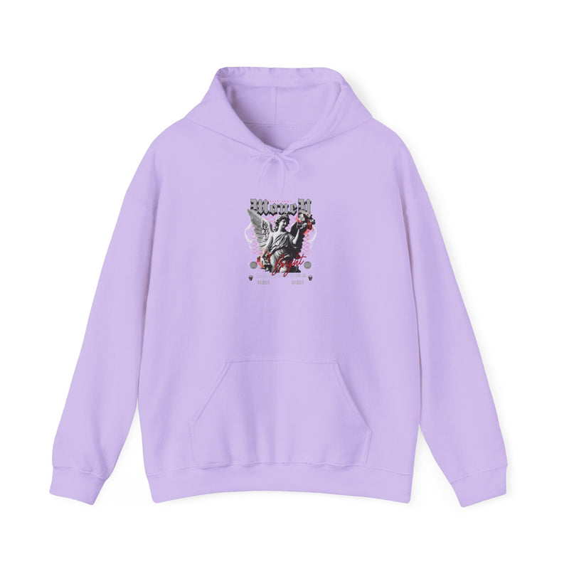 Urban Vibes Men's Graphic Hoodie with bold design on lavender background, offering stylish comfort for streetwear enthusiasts.