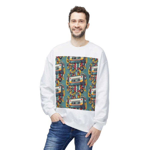 Vintage Cassette Culture Sweatshirt featuring retro cassette design, perfect for 80s nostalgia and timeless fashion.